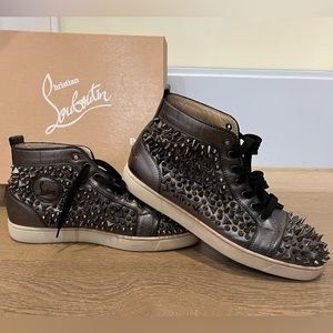 Christian Louboutin Spikes High Top Leather Gently Worn Dark Silver W/ Box